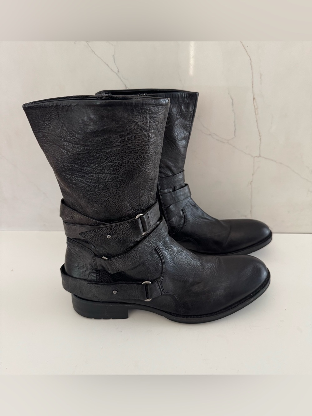 Vera Wang Lavender KIPPY Black Leather Boot Moto Biker Riding Buckle Sz 9